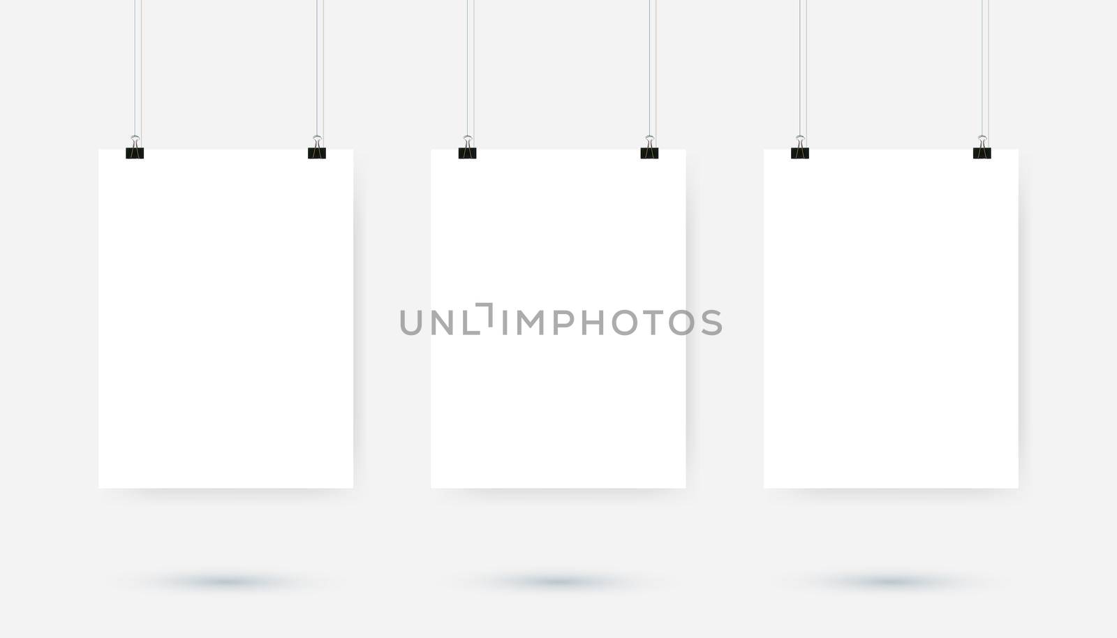 Poster binder clip. Blank white pages hanging against grey background. Vector illustration.