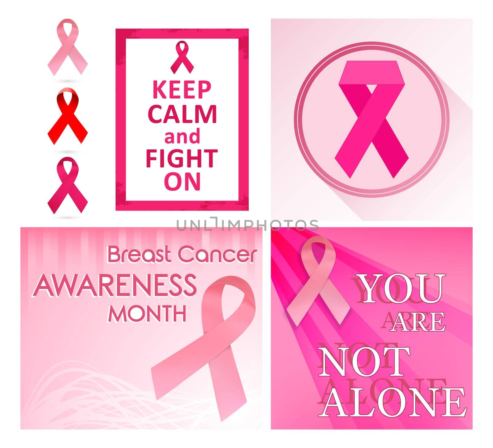 Breast cancer awareness month posters and pink ribbons. Vector illustration.