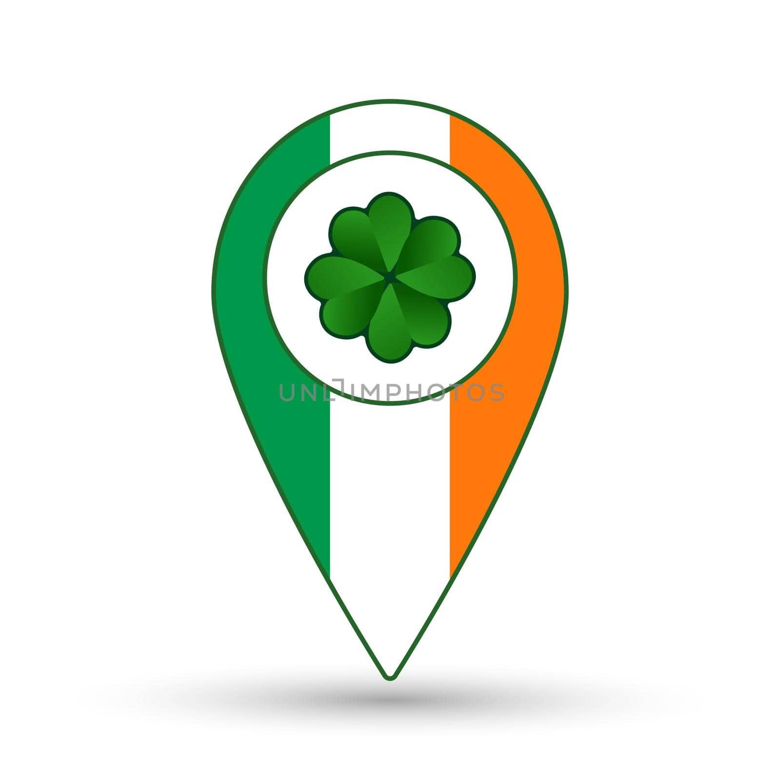 St. Patrick day icon for posters, greeting cards, brochures. Green clover with location mark and Ireland flag.  Vector illustration.