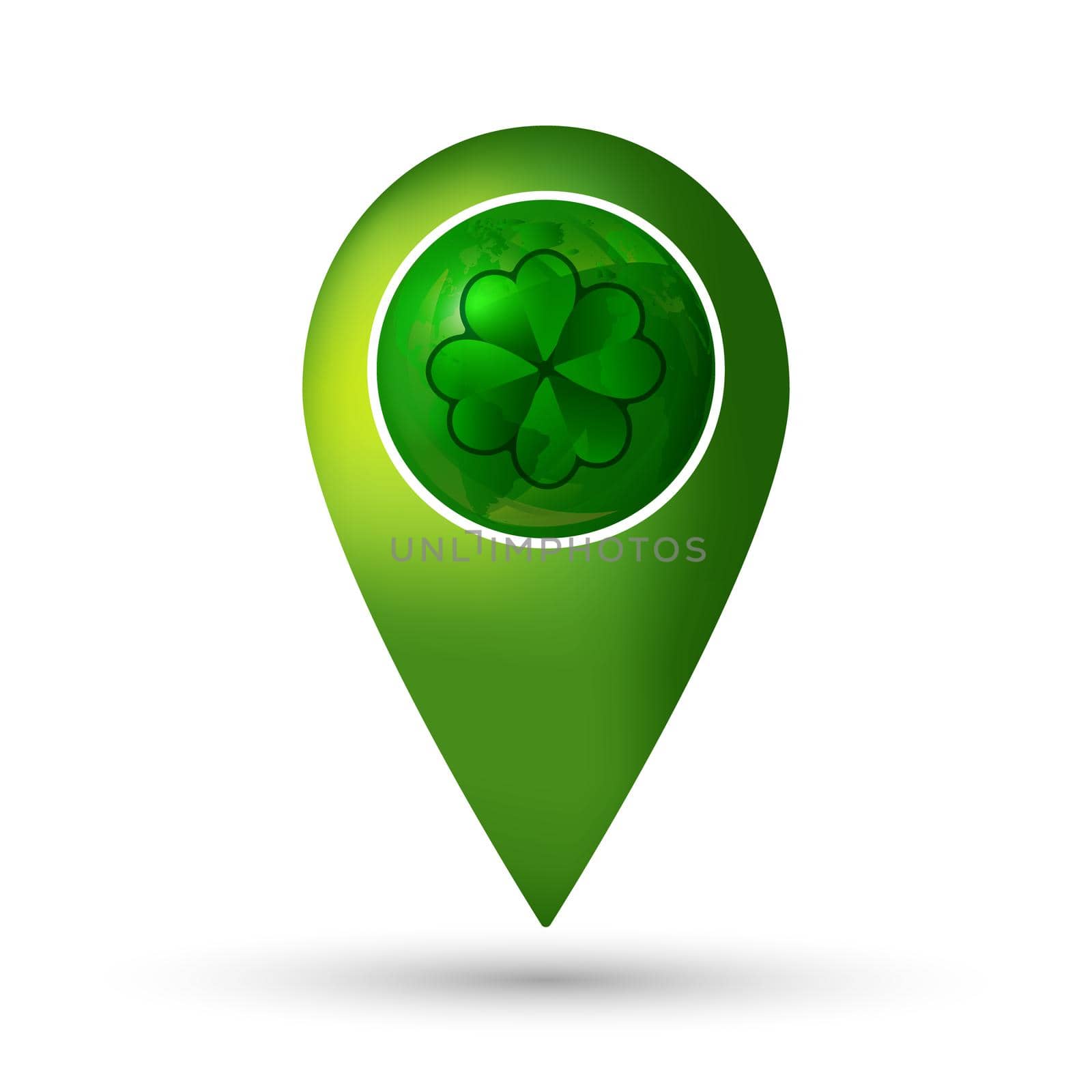 Clover on globe with location mark. St. Patrick day icon for posters, greeting cards, brochures. Vector illustration.