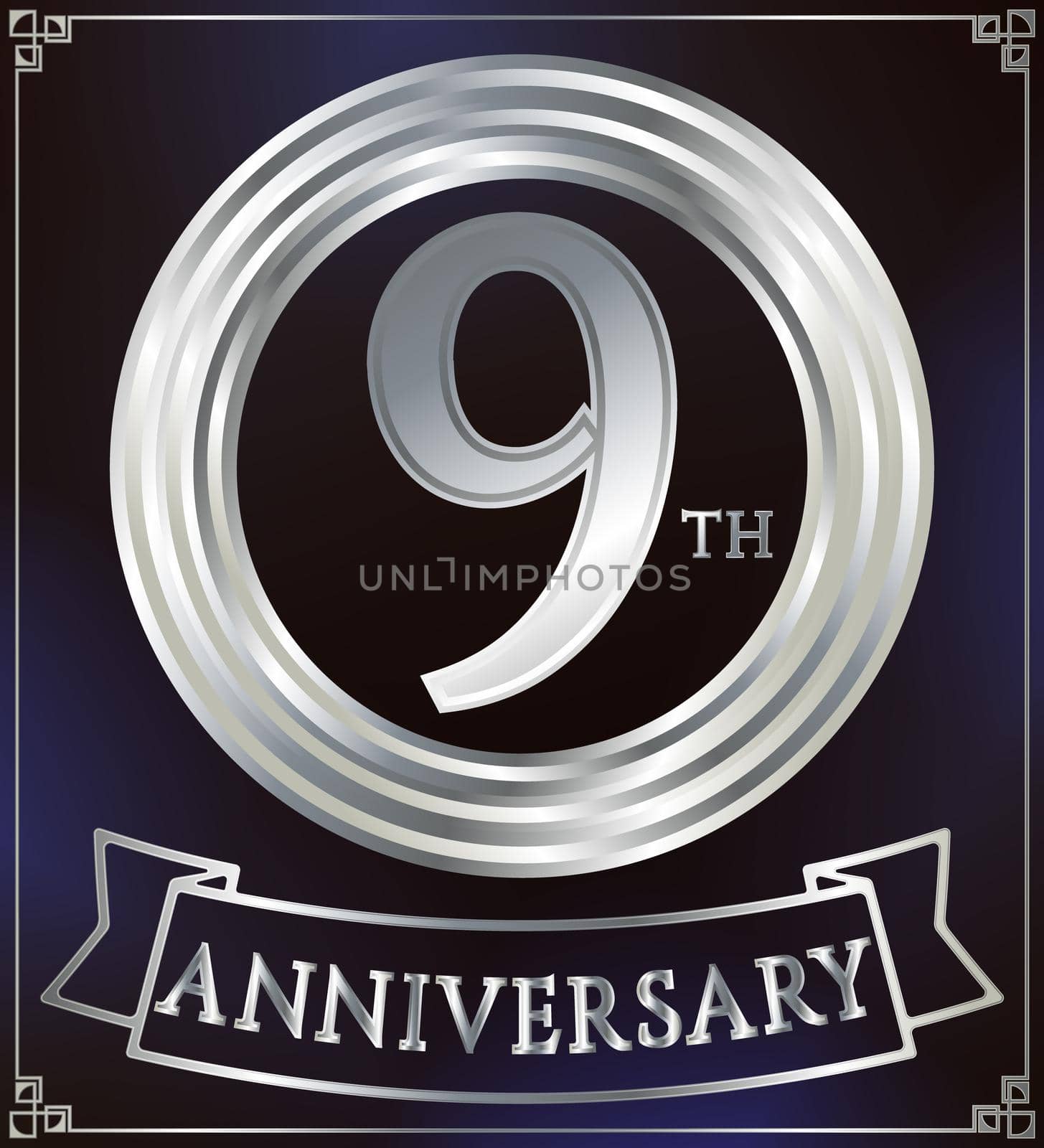 Anniversary silver ring logo number 9. Anniversary card with ribbon. Blue background. Vector illustration.