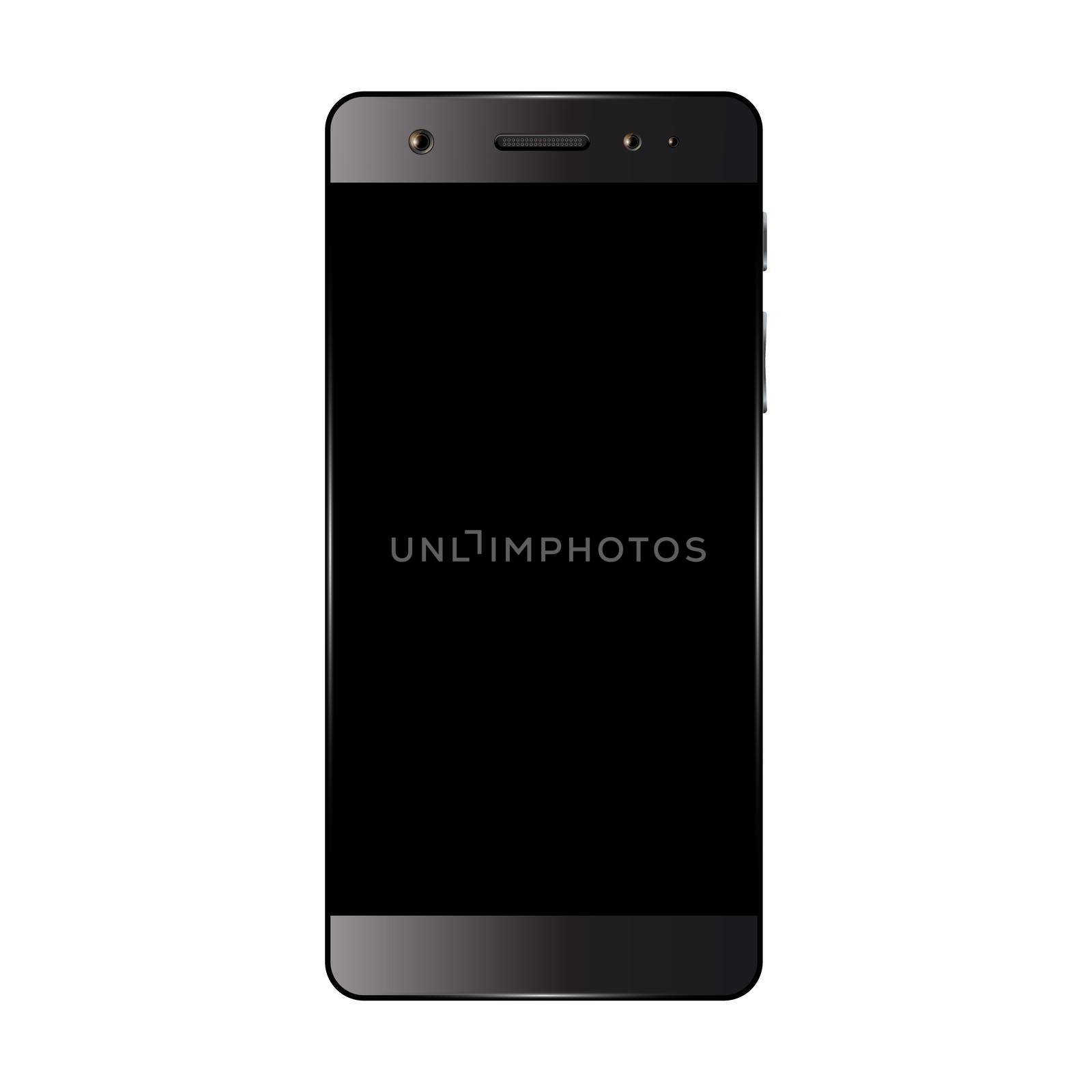 Black smartphone isolated on white background. Cell phone mockup design. Mobile phone with blank screen. Vector illustration.