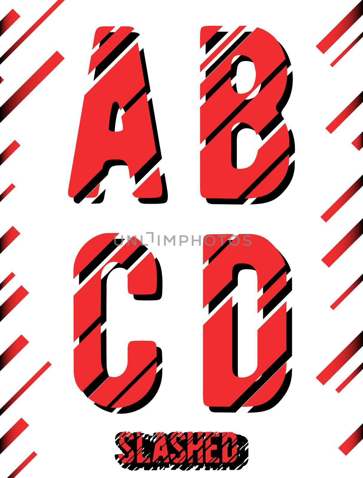 Alphabet font template. Set of letters A, B, C, D logo or icon. Slashed design. Vector illustration.