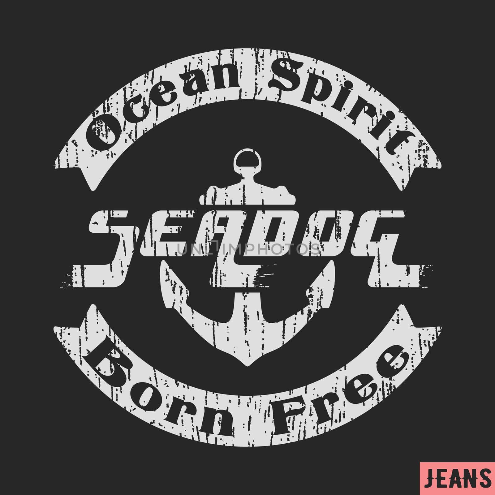 T-shirt print design. Sea dog vintage stamp. Printing and badge applique label t-shirts, jeans, casual wear. Vector illustration.