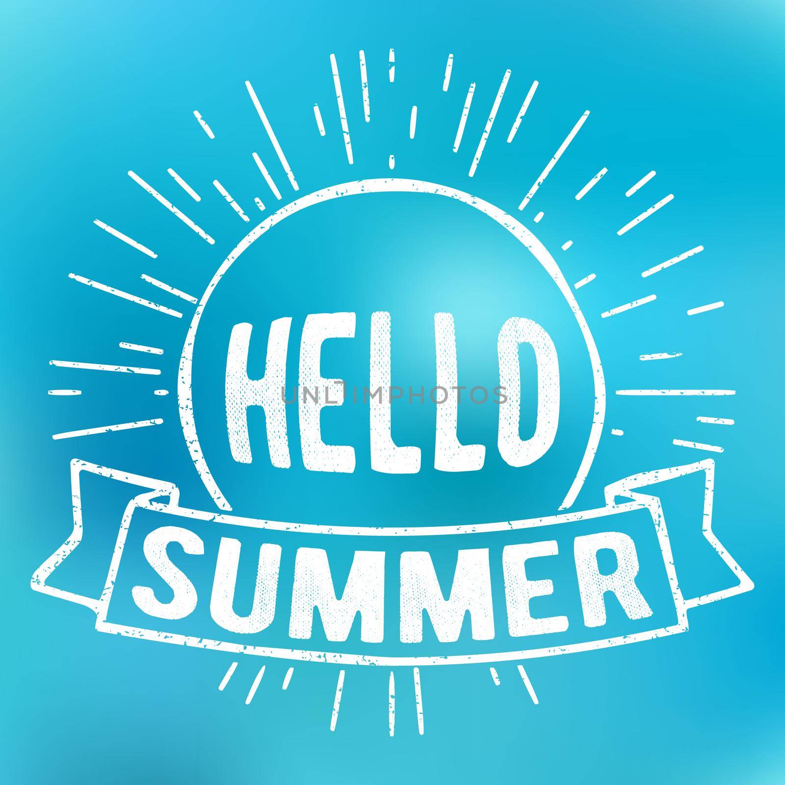 Hello summer stamp on blurred background. Vector illustration.