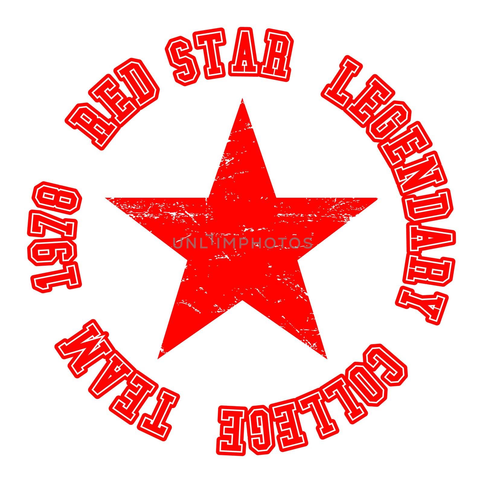 T-shirt print design. Red star vintage stamp. Printing and badge, applique, label for t-shirts, jeans, casual wear. Vector illustration.