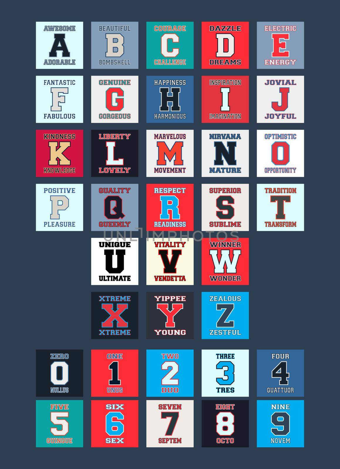 Alphabet font with various words, english and latin. Letter and numbers. T-shirt print design. Printing and stamp, badge applique label t-shirts, jeans, casual wear. Vector illustration