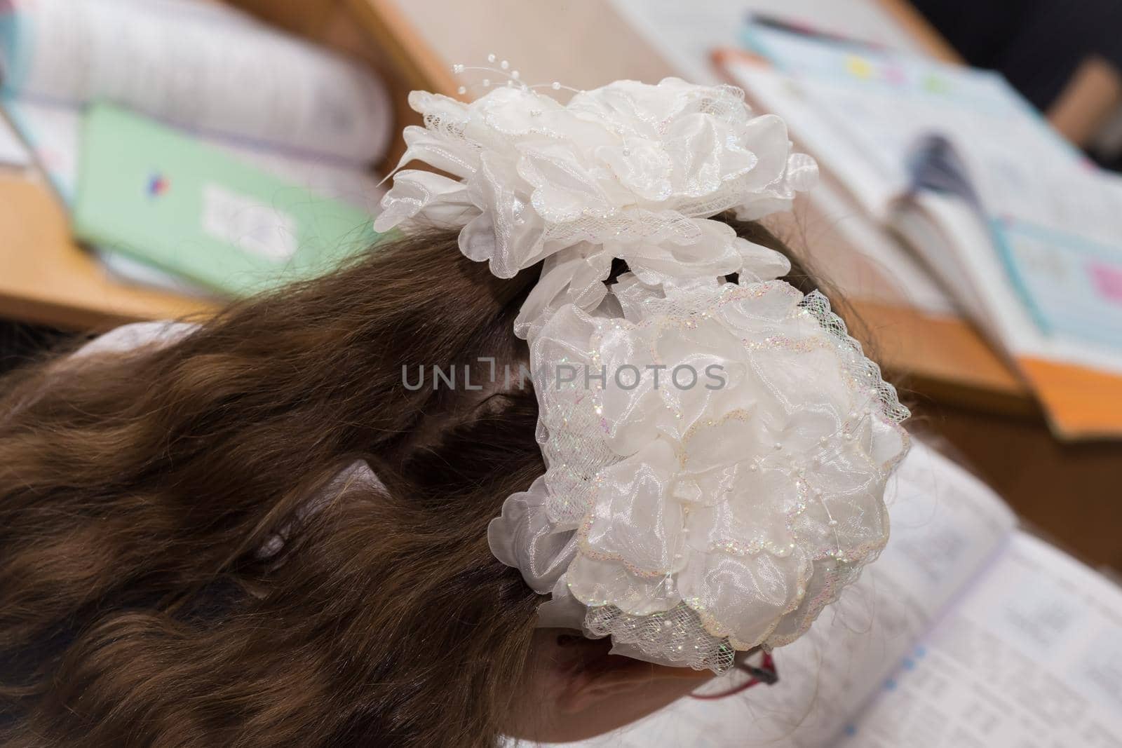 A close-up of a girl's hairstyle with fluffy hair and two white bows. Hair styling is done with hairpins and an elastic band. Only the back of the head with a haircut.