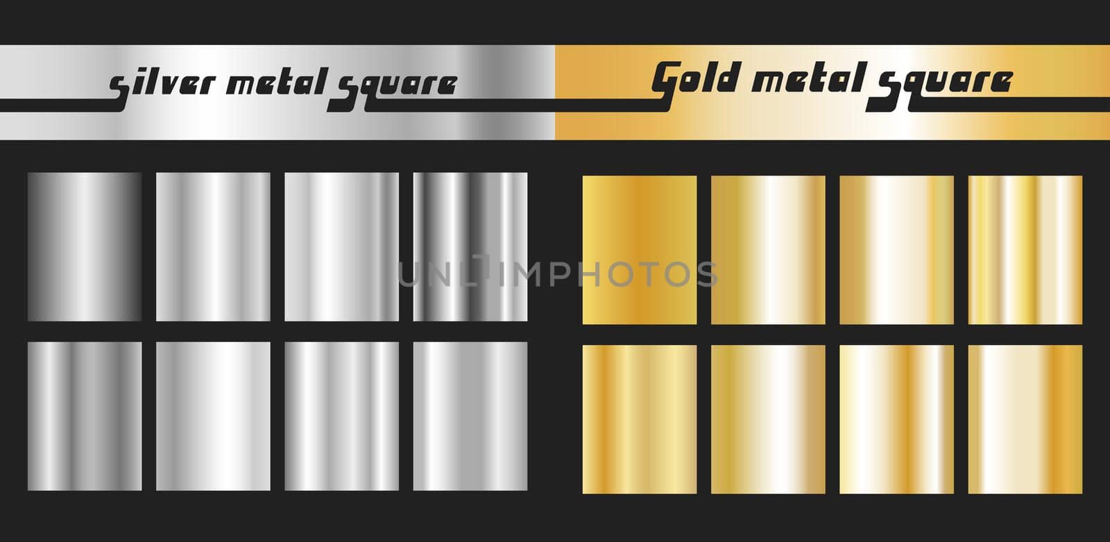 Gold and silver gradient square set. Golden silver metallic texture pattern. Vector illustration