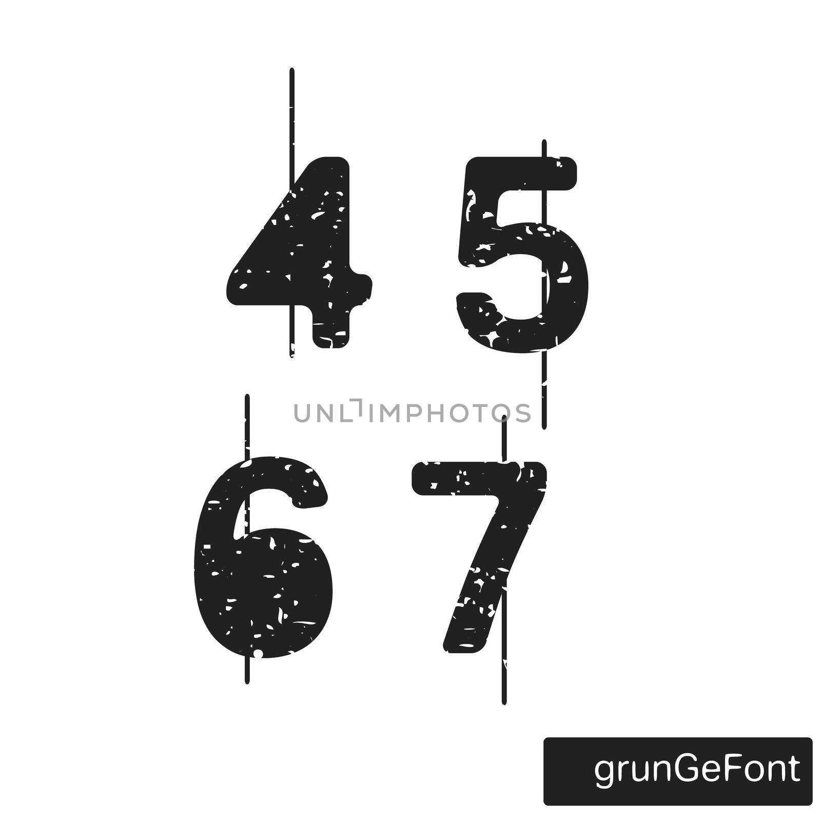 Alphabet grunge font template. Set of numbers 4, 5, 6, 7 logo or icon. Vector illustration.