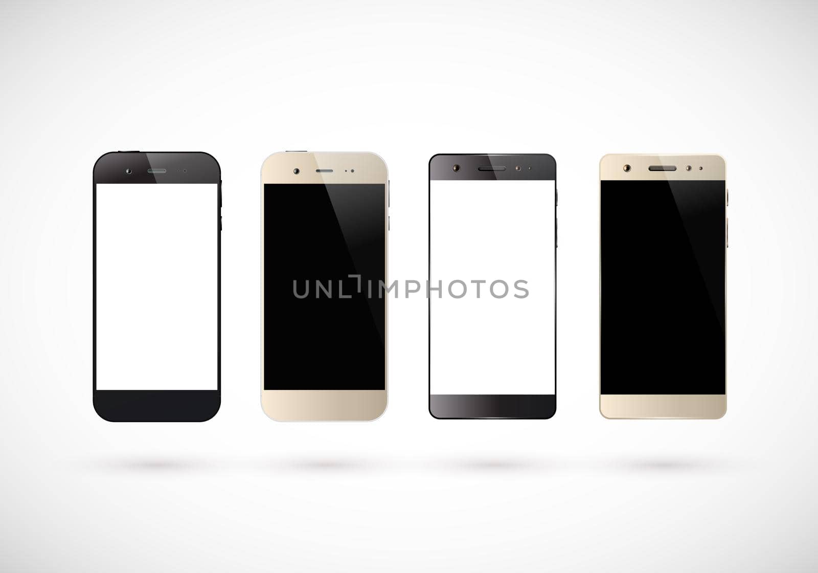 Four black and white smartphones. Mobile phone isolated with blank screen. Vector illustration.