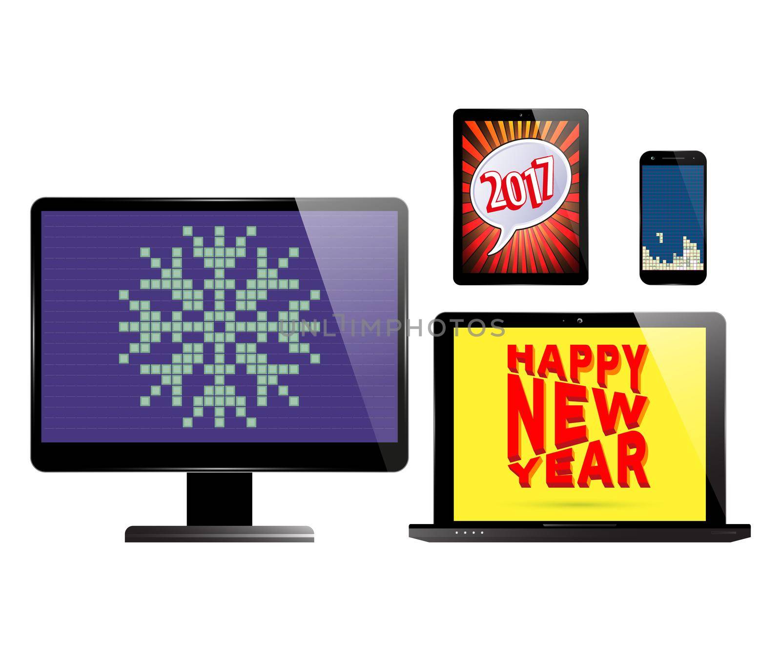 Smartphone, monitor PC computer, laptop and tablet with various holidays screen savers. Electronic devices isolated on white background. Vector illustration.