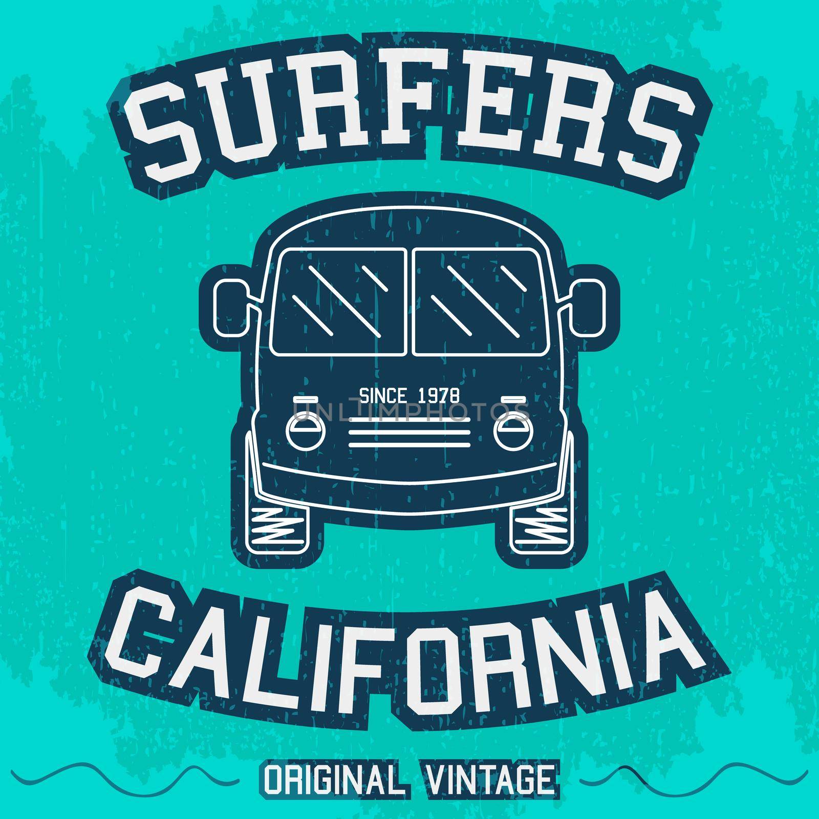 T-shirt print design. Vintage surfing bus poster. Vector illustration.