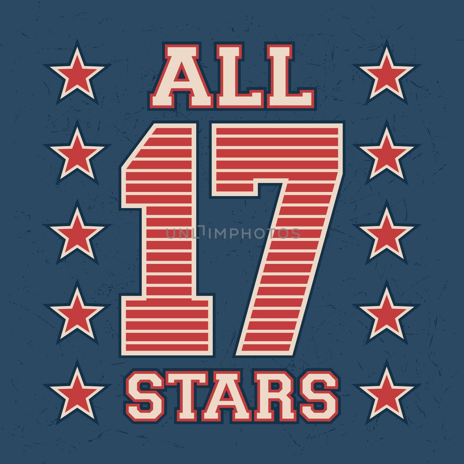 T-shirt print design. All stars vintage stamp. Printing and badge, applique, label for t-shirts, jeans, casual wear. Vector illustration.