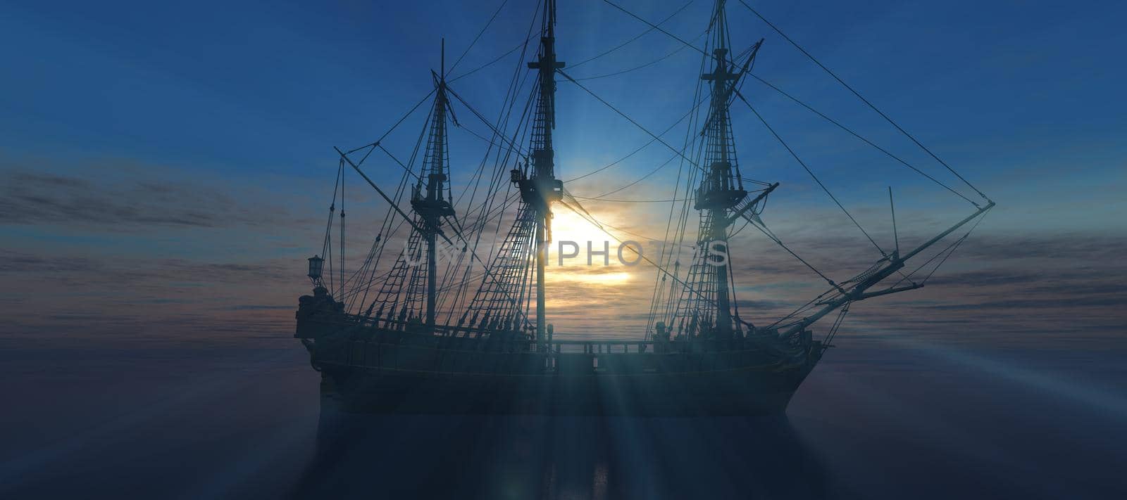 old ship sunset at sea 3d rendering by alex_nako