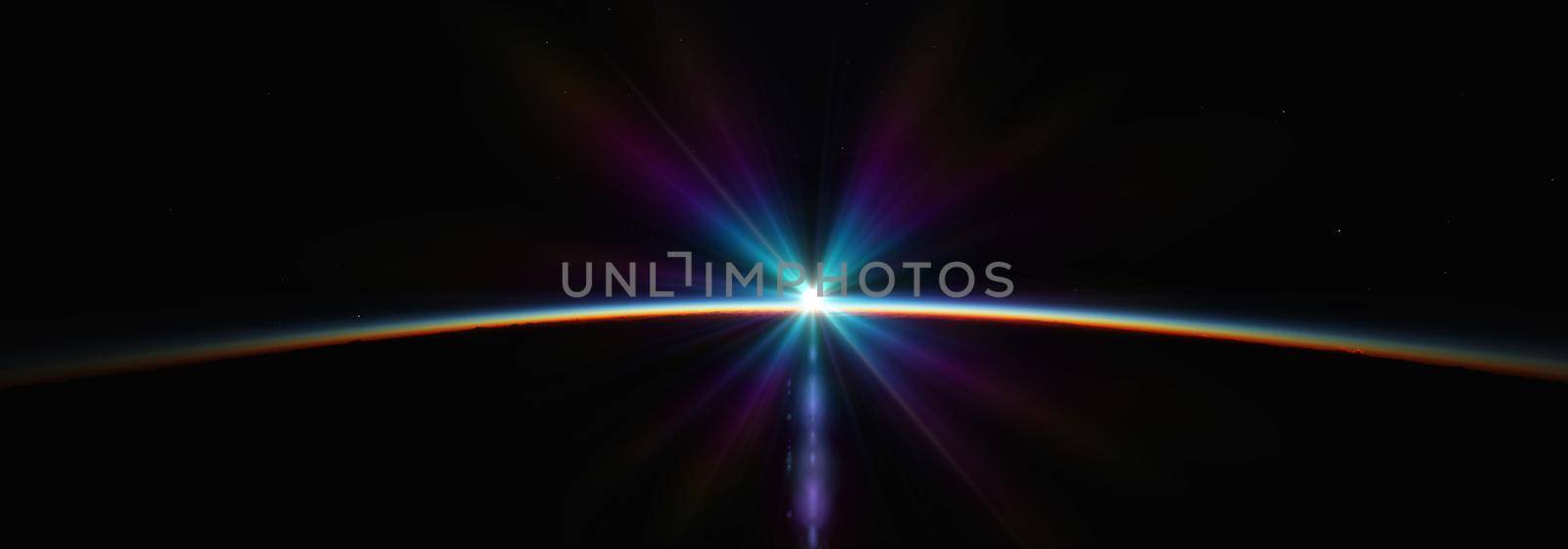 Earth sunrise from space over cloudy ocean. 3d rendering illustration