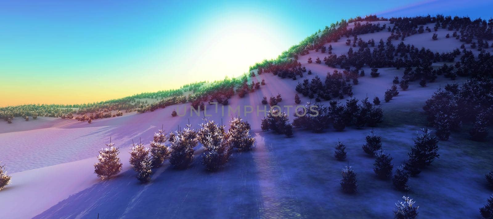 above winter forest mountain sunset 3D rendering illustration