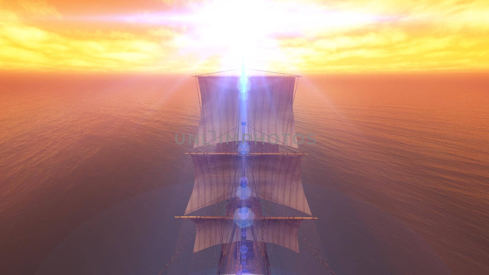 old ship sunset at sea 3d rendering illustration