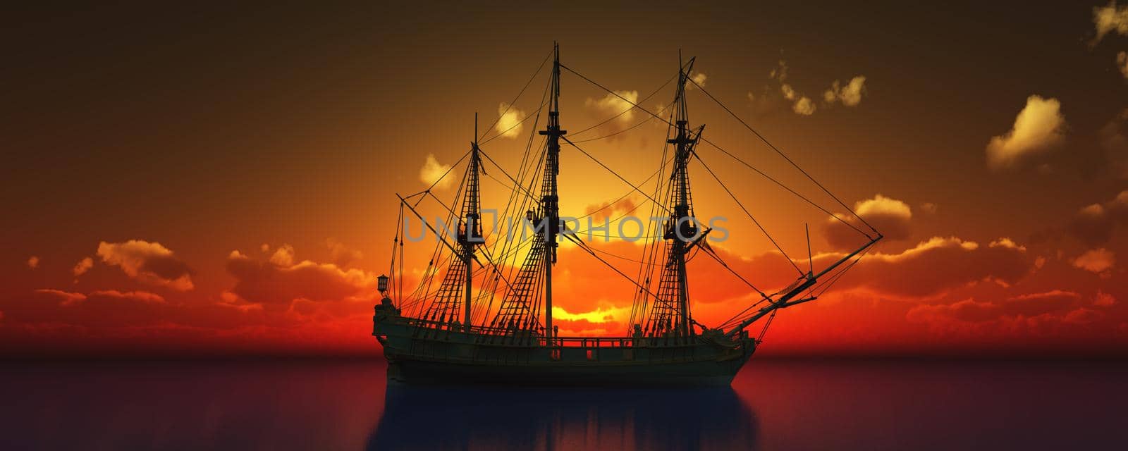 old ship sunset at sea 3d rendering illustration