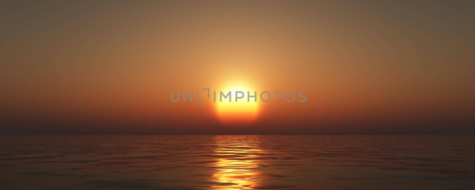 sunset sea sun ray clear sky, 3d rendering illustration