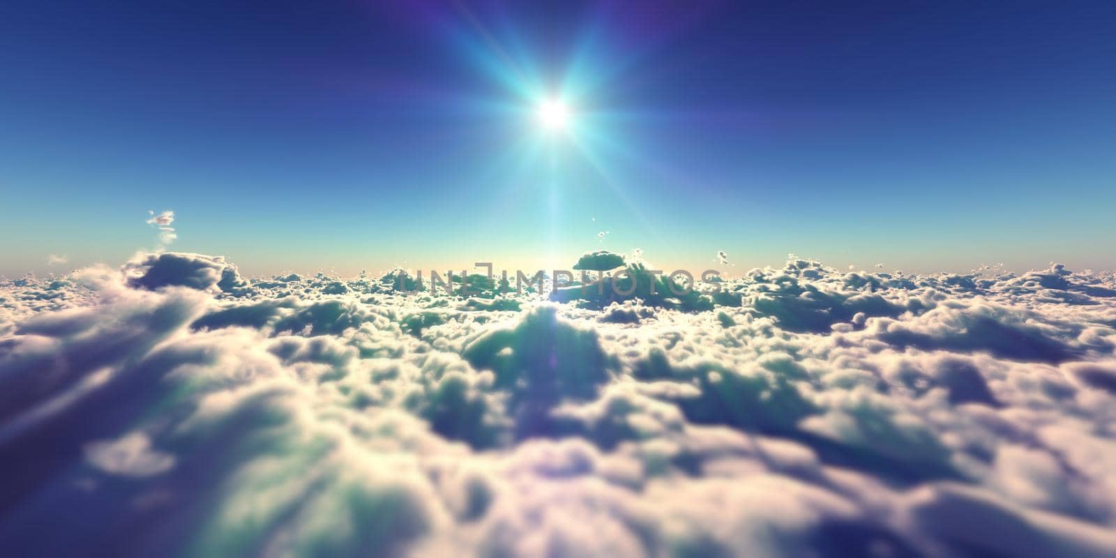 fly above clouds sunset landscape, 3d render illustration