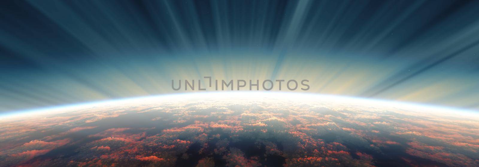 sunrise from space aurora, 3d rendering illustration