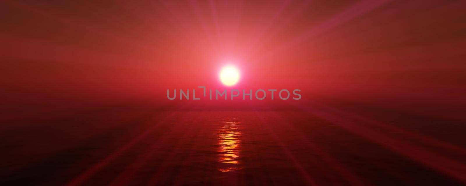 sunset sea sun ray clear sky. 3d rendering by alex_nako