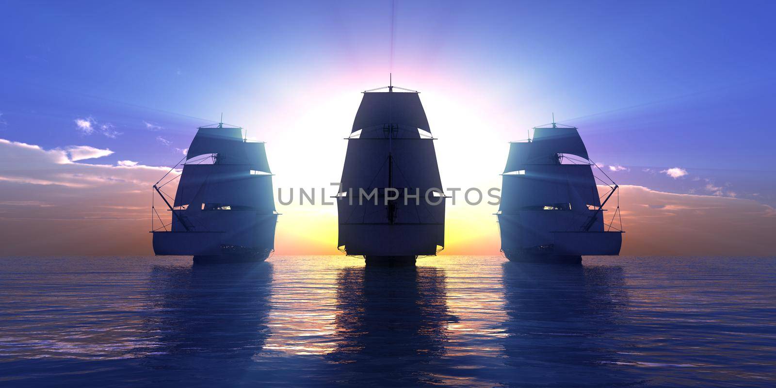 old three ships sunset at sea, 3d rendering by alex_nako