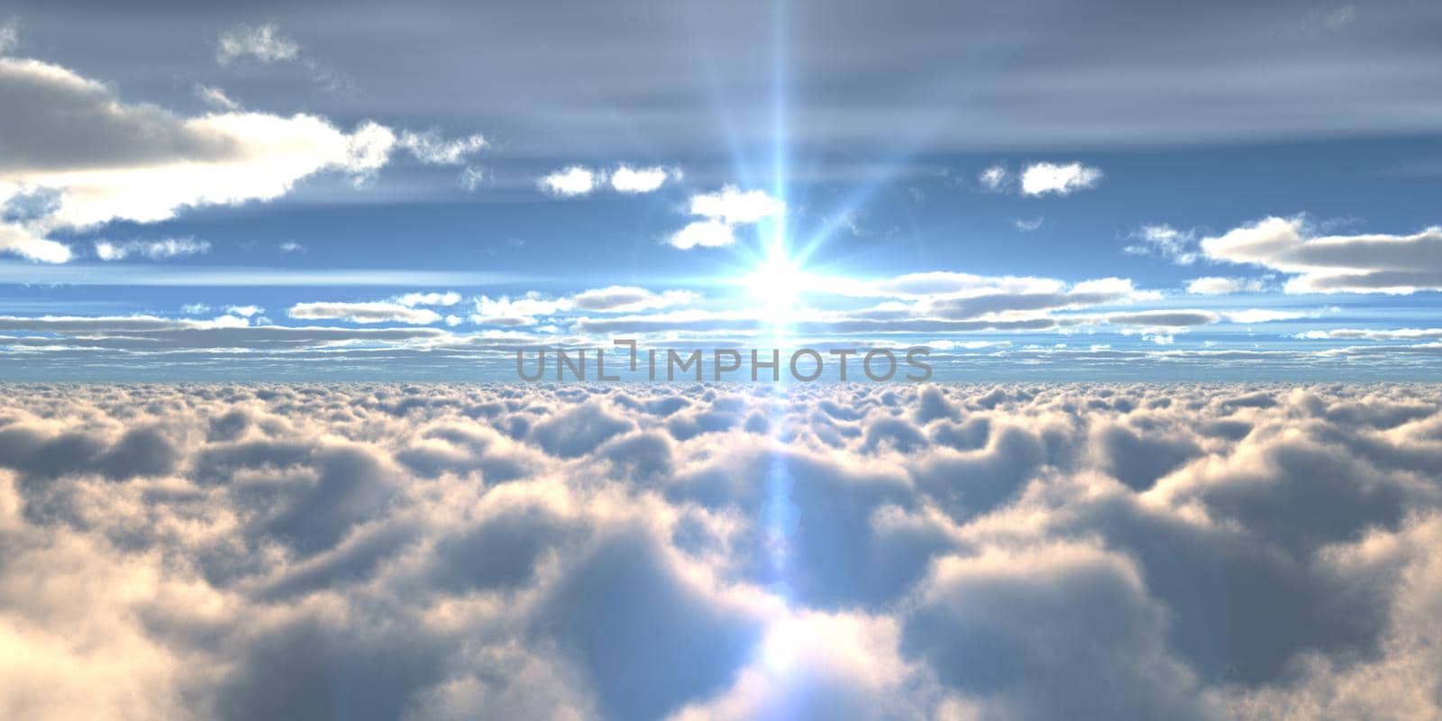 above clouds fly sunset sun ray illustration, 3d render