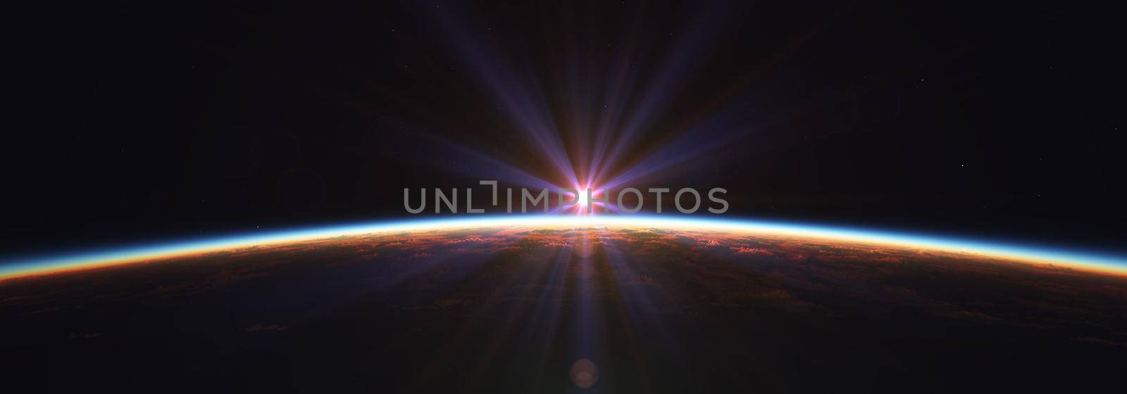 Earth sunrise from space over cloudy ocean. 3d rendering illustration