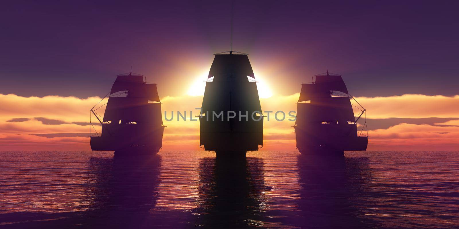 old three ships sunset at sea, 3d rendering illustration