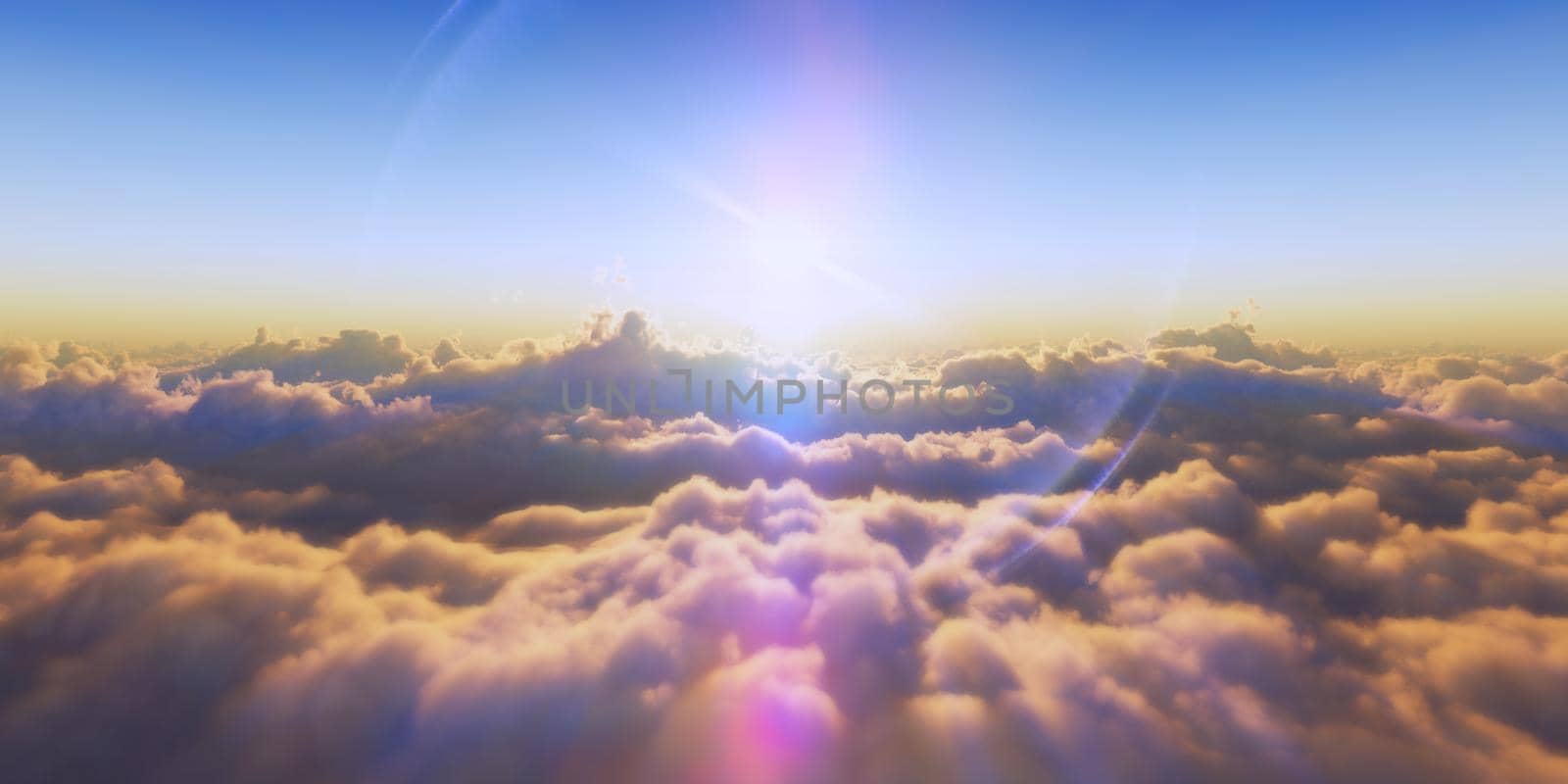 Beautiful aerial view above clouds with sunset. 3d illustration