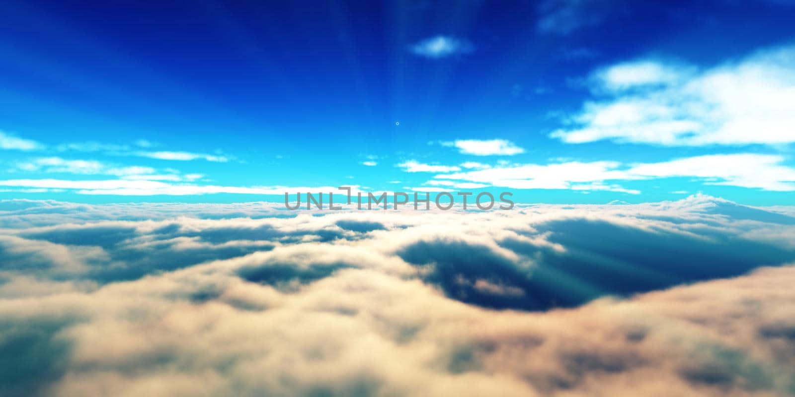 above clouds fly sunset sun ray illustration, 3d render