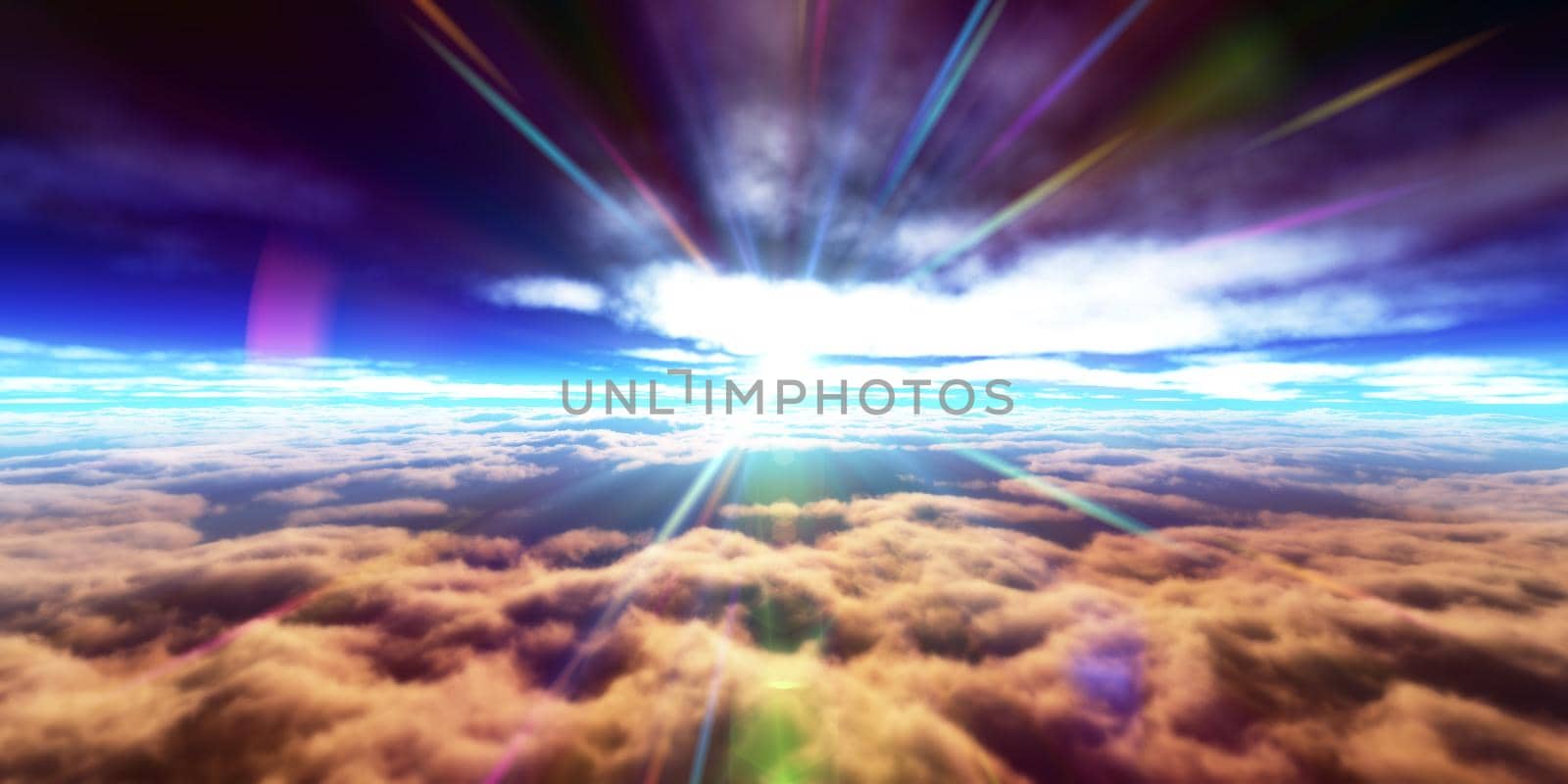 above clouds fly sunset sun ray illustration, 3d render