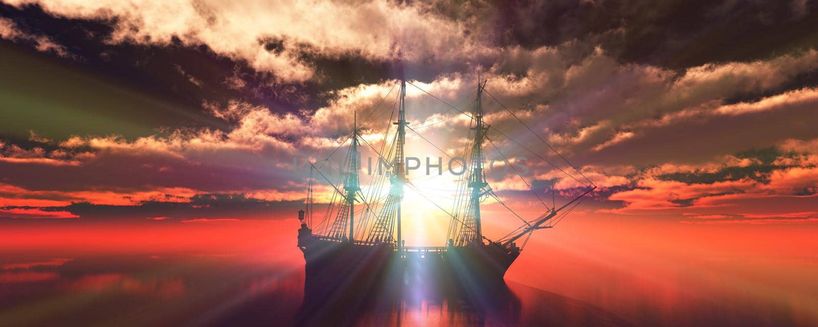 old ship sunset at sea 3d rendering illustration