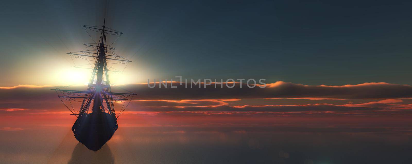 old ship sunset at sea 3d rendering by alex_nako