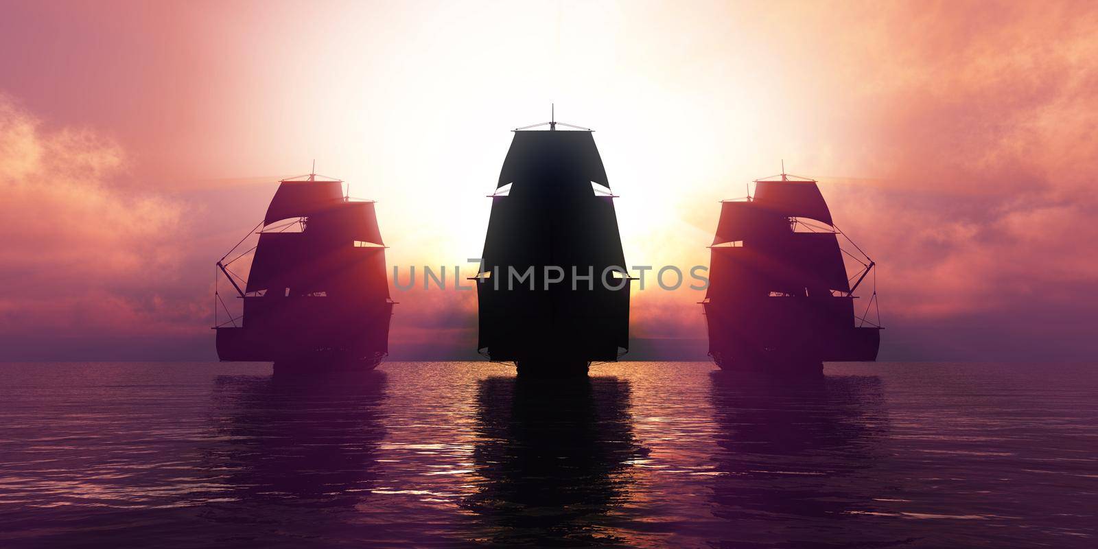 old three ships sunset at sea, 3d rendering by alex_nako