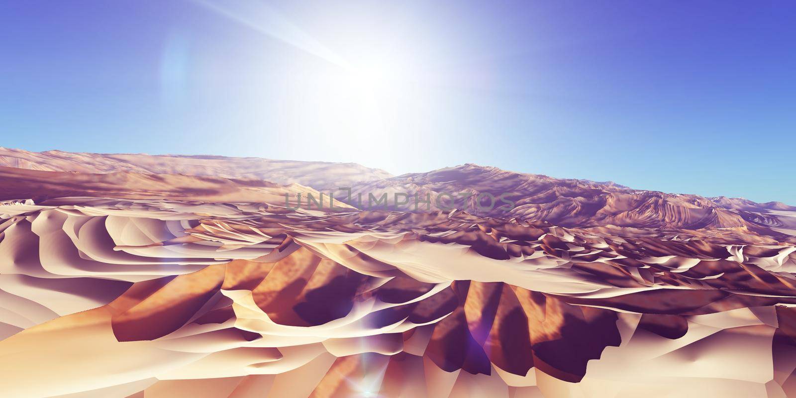 Dunes sunset over the desert. 3d rendering illustration