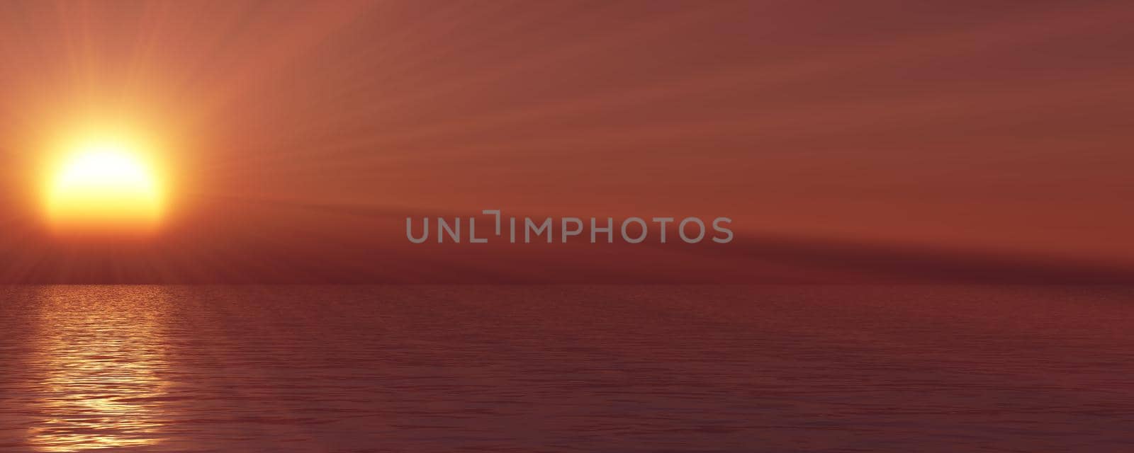 sunset sea sun ray clear sky, 3d rendering illustration