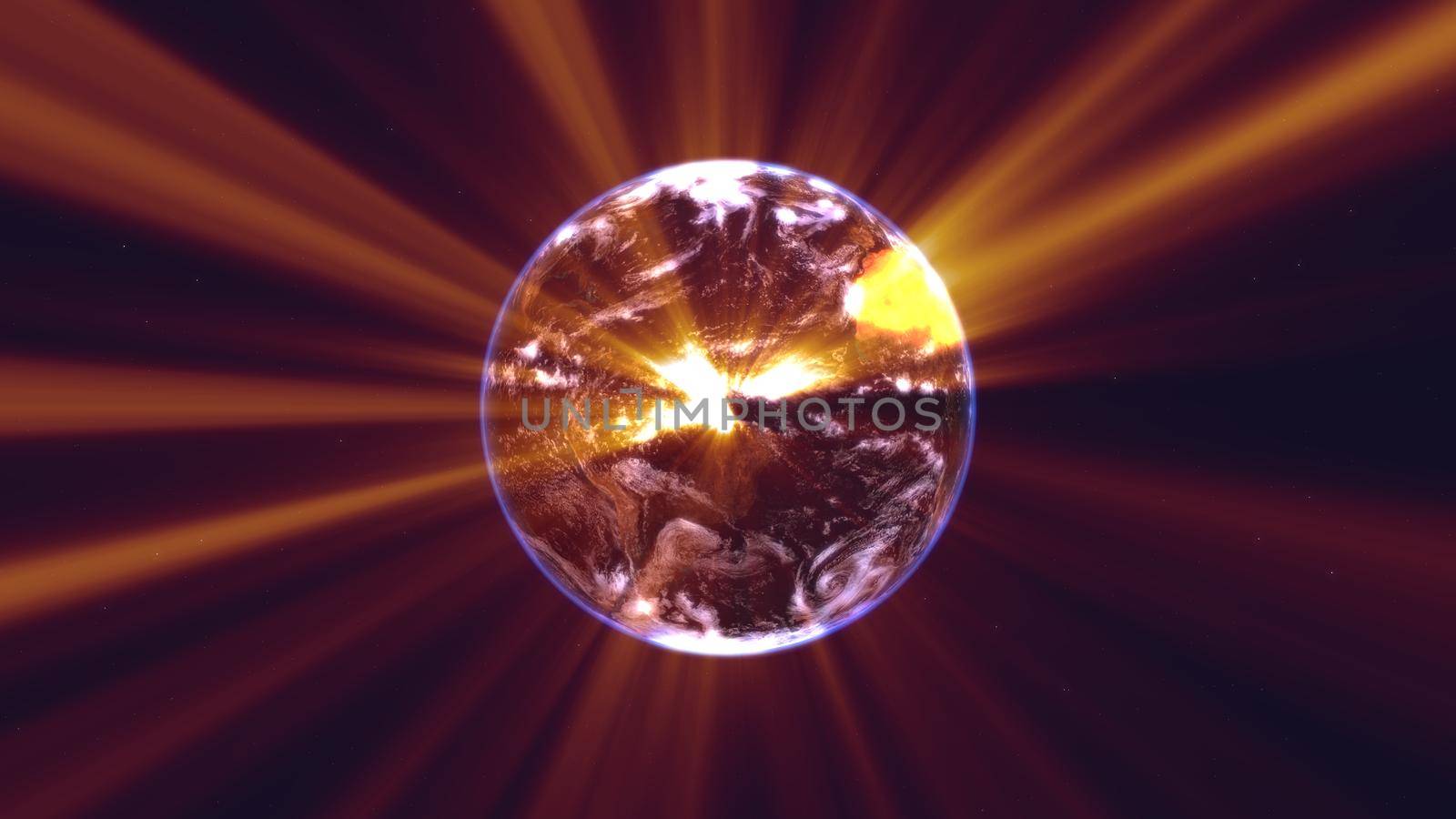 earth globe with glowing details and light rays. 3d illustration render