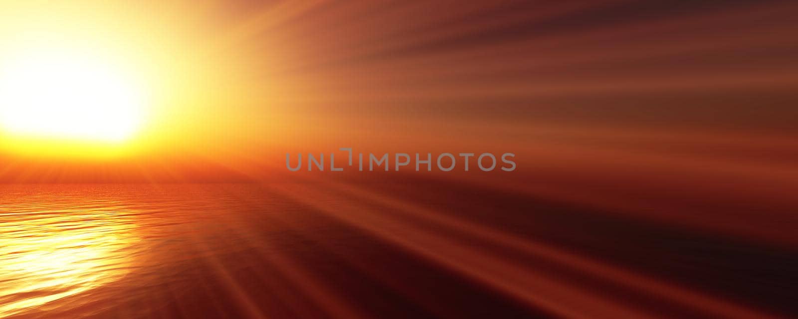 sunset sea sun ray clear sky, 3d rendering illustration