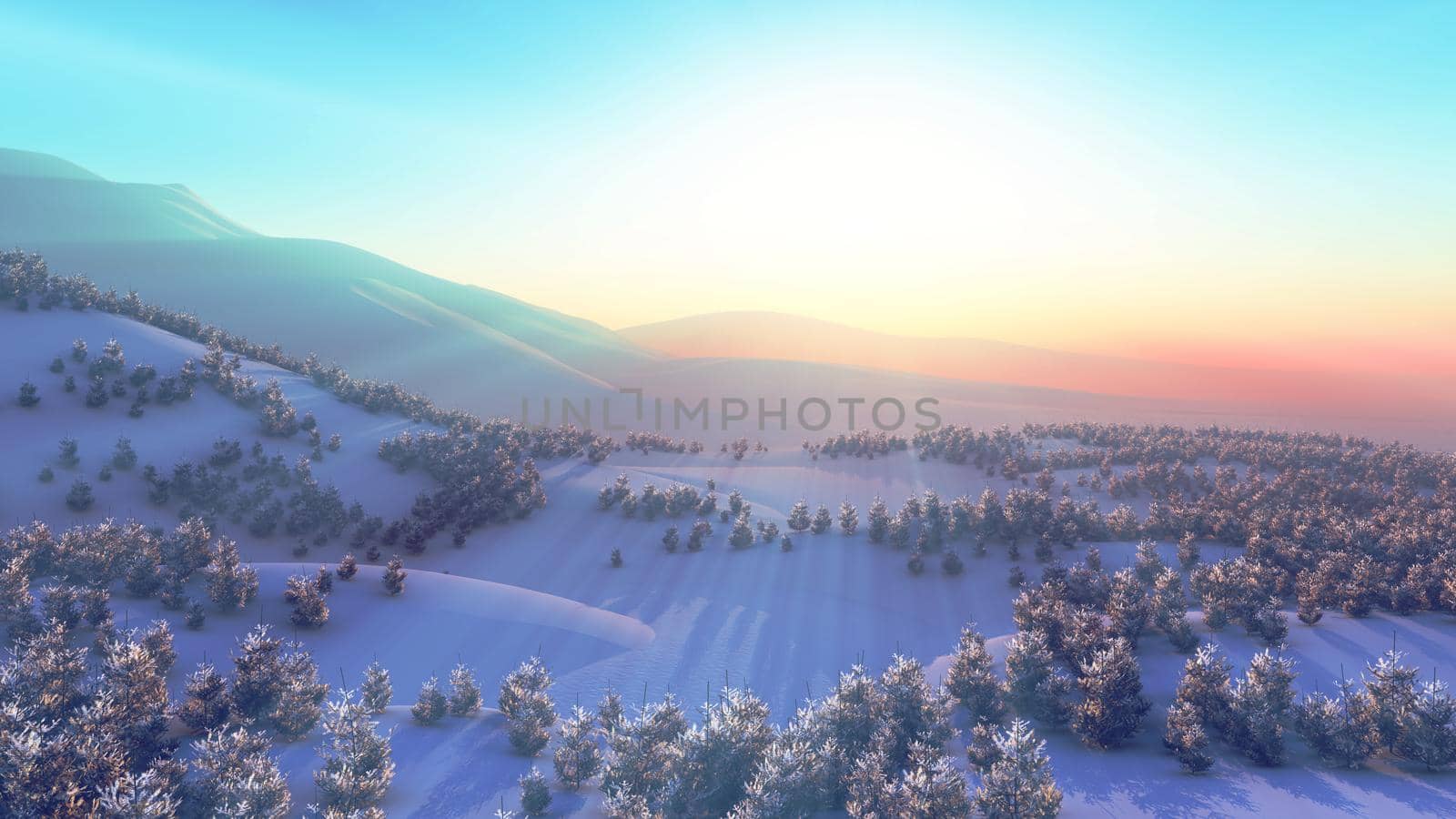 above winter forest mountain sunset 3D rendering illustration