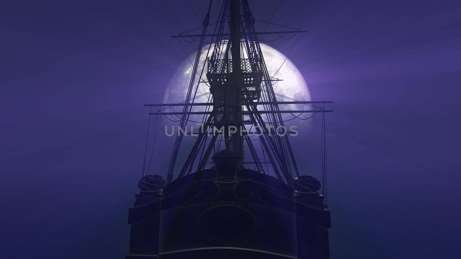 old ship in sea full moon illustration 3d rendering