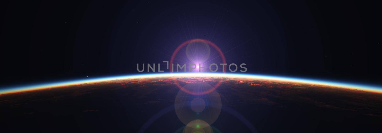 Earth sunrise from space over cloudy ocean. 3d rendering by alex_nako