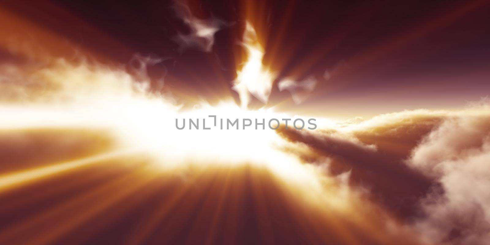 dream fly above clouds ray light, 3d rendering illustration