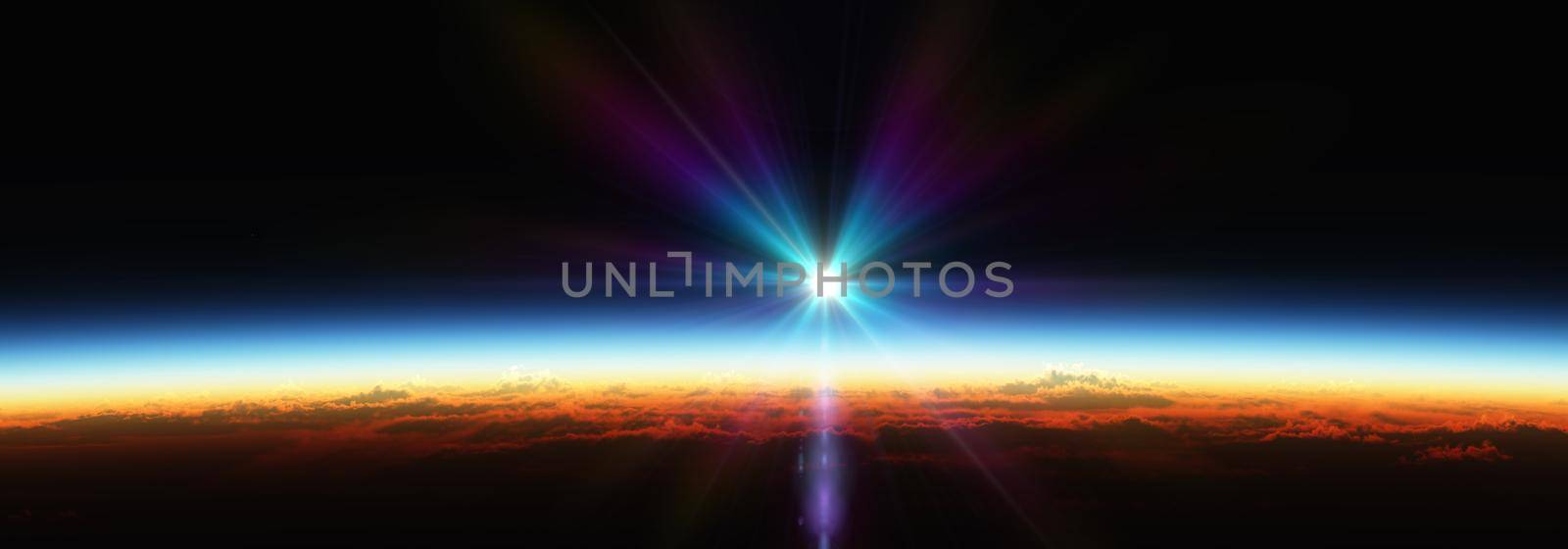 Earth sunrise from space over cloudy ocean. 3d rendering by alex_nako