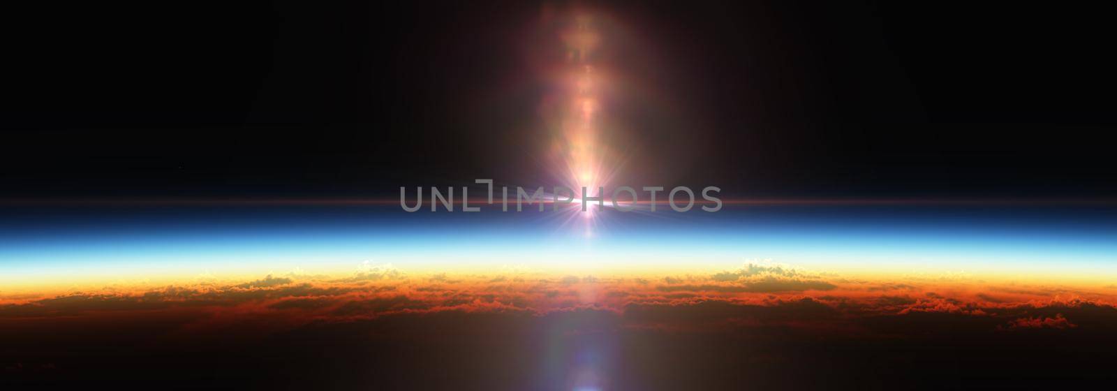 Earth sunrise from space over cloudy ocean. 3d rendering by alex_nako