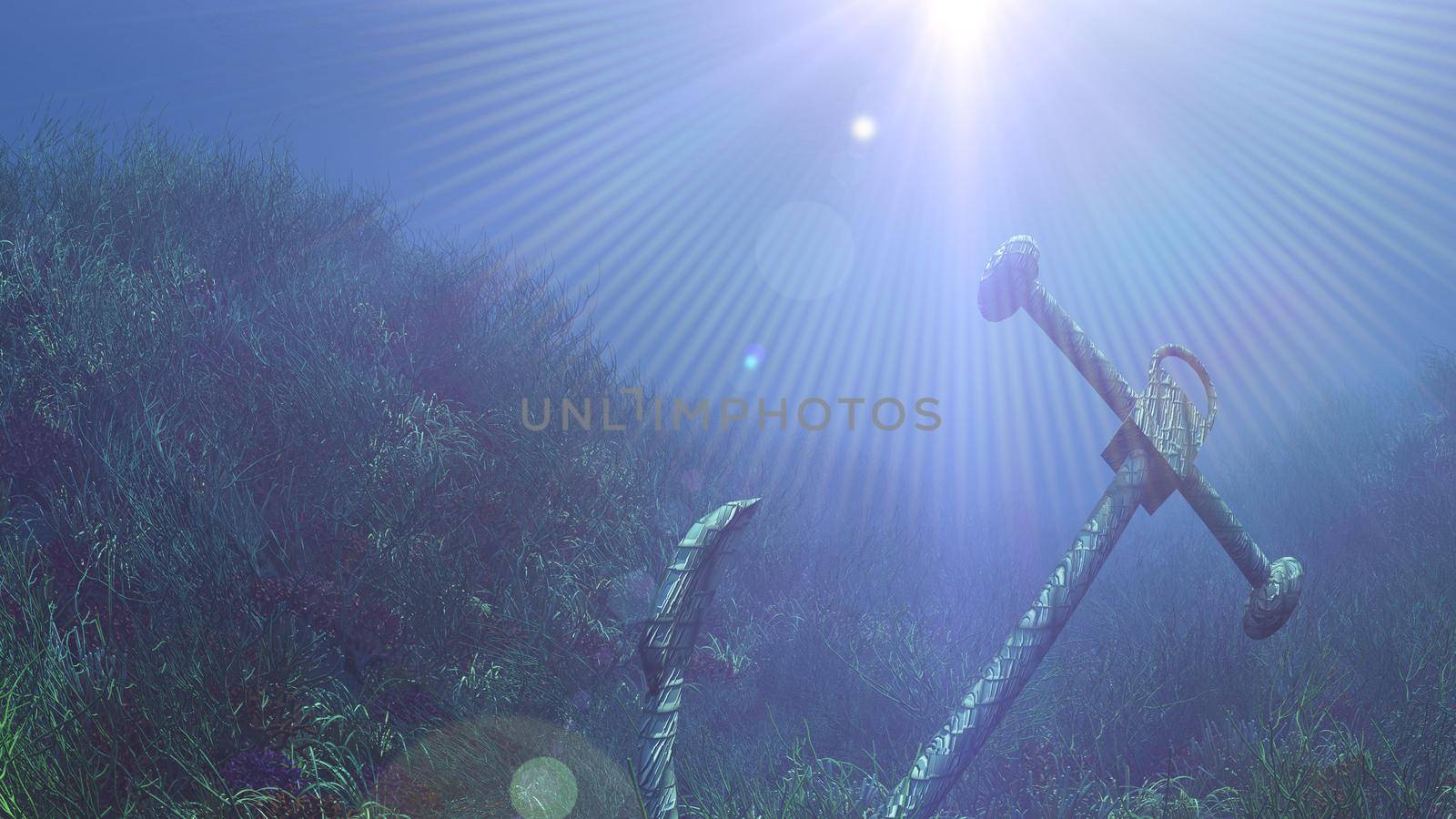 anchor under water sun ray illustration 3d rendering