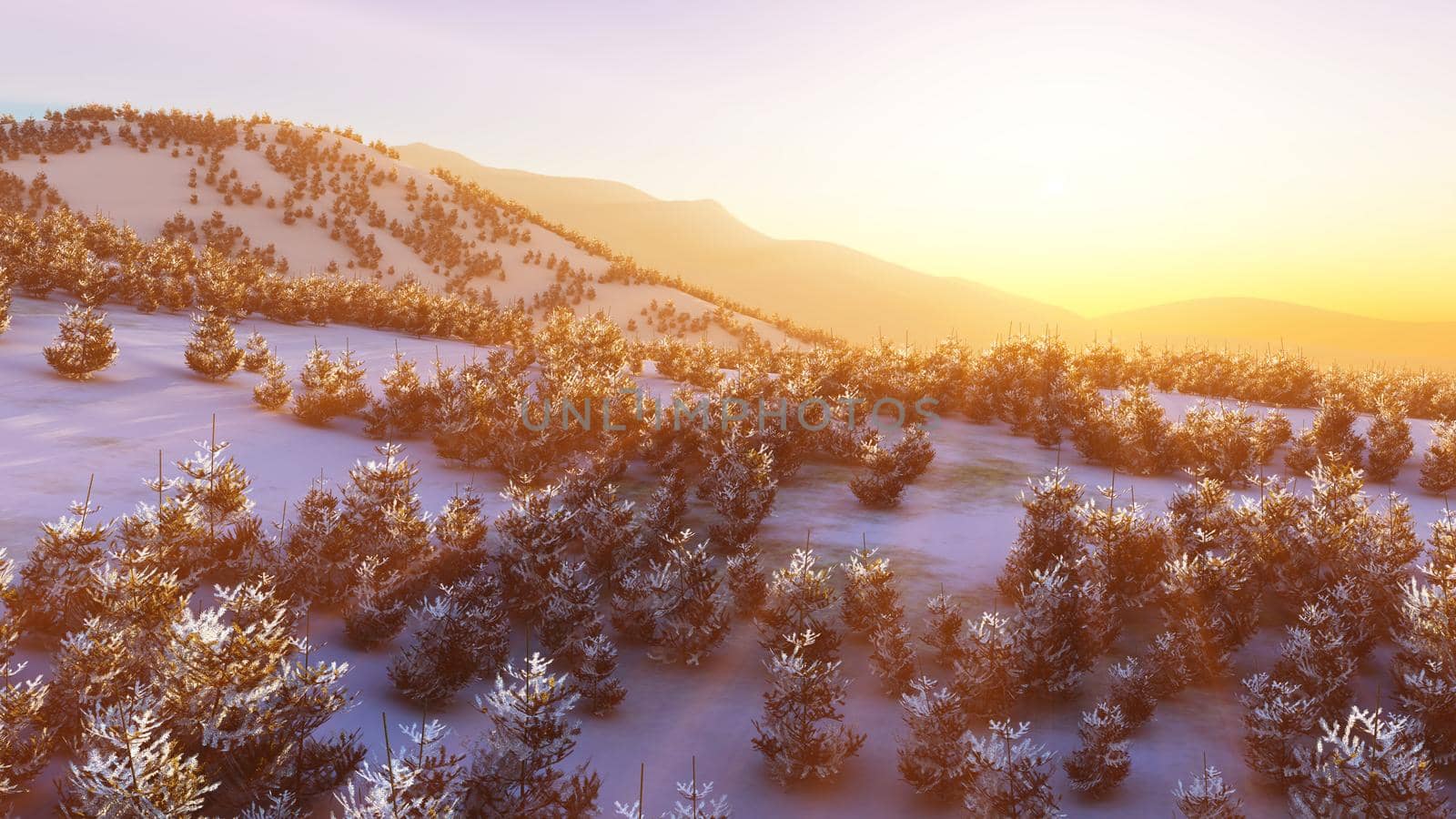 above winter forest mountain sunset 3D rendering illustration