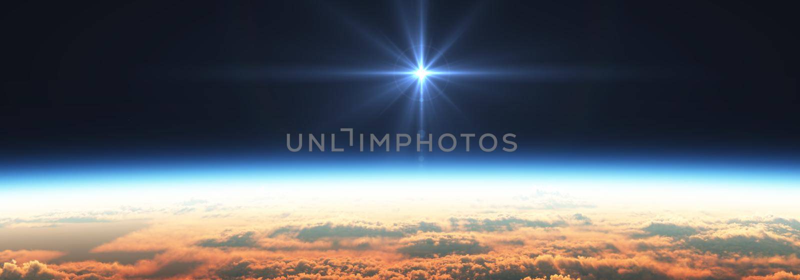 Earth sunrise from space over cloudy ocean. 3d rendering illustration